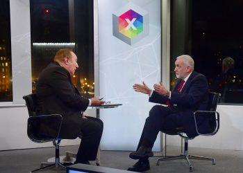 For use in UK, Ireland or Benelux countries only. BBC handout photo of host Andrew Neil (left) with Labour Party leader Jeremy Corbyn during a BBC interview.