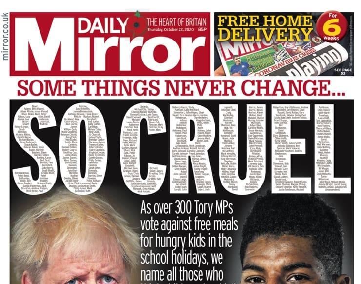 Daily Mirror names and shames every MP who voted against free meals for hungry kids on its front page
