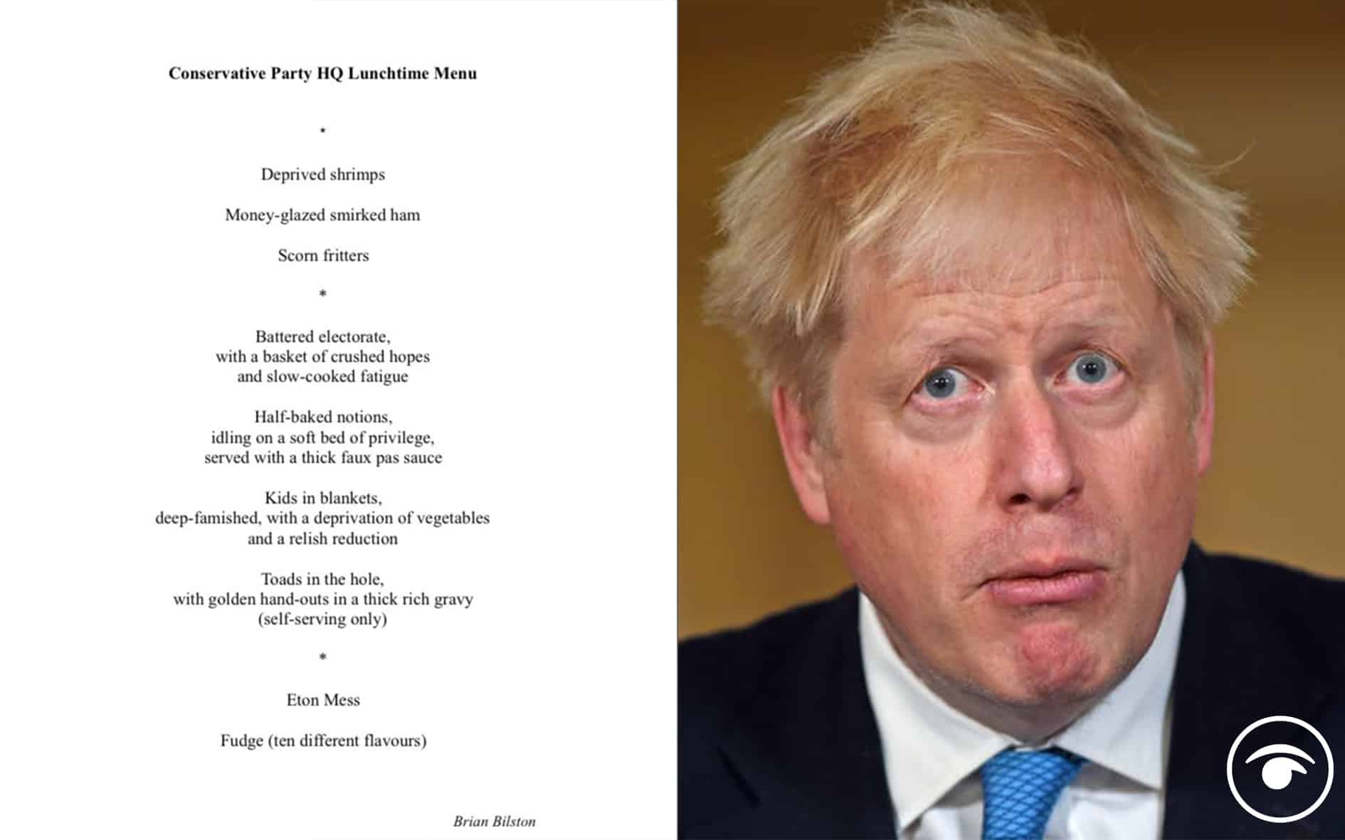 Mock Tory HQ lunch menu includes “deprived shrimps” and “battered electorate”
