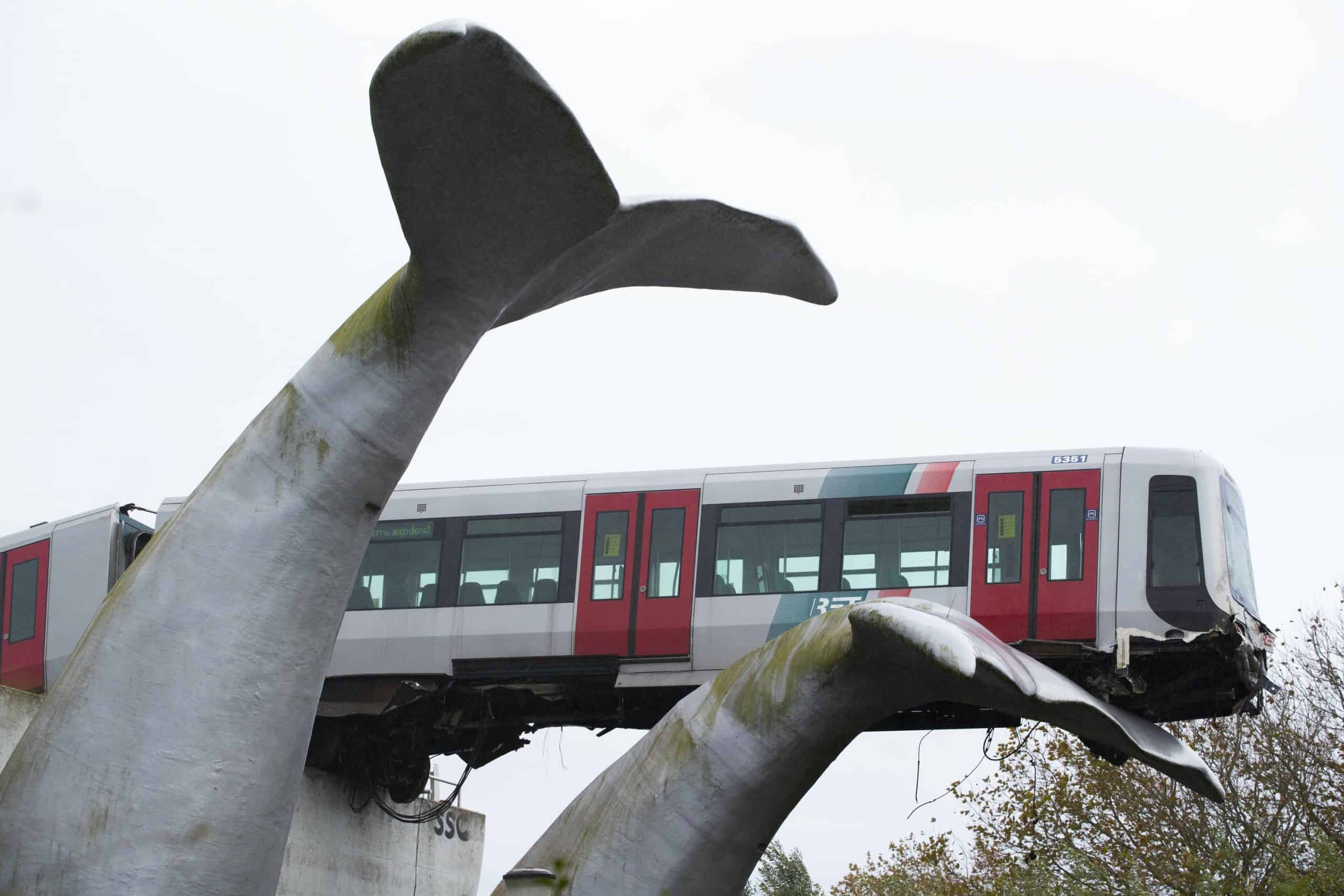 Sculpture of a whale’s tail saves careering train