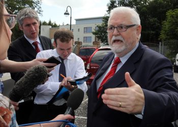 Lord Maginnis, speaking to the media outside Dungannon court house. The House of Lords peer has been convicted of assaulting a motorist in a road rage incident in Northern Ireland.