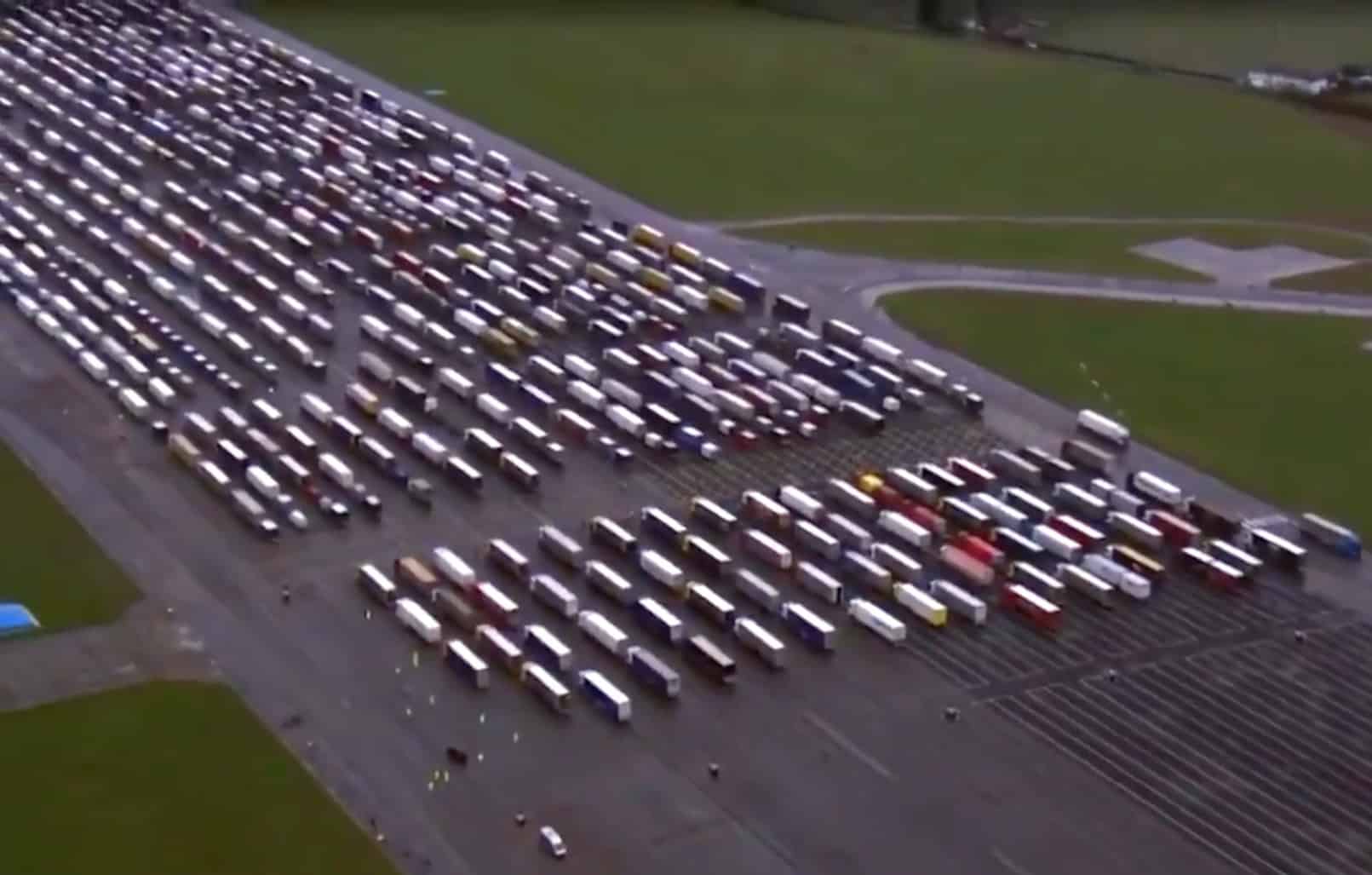 Aerial footage shows vast numbers of lorries lined up at Manston airport