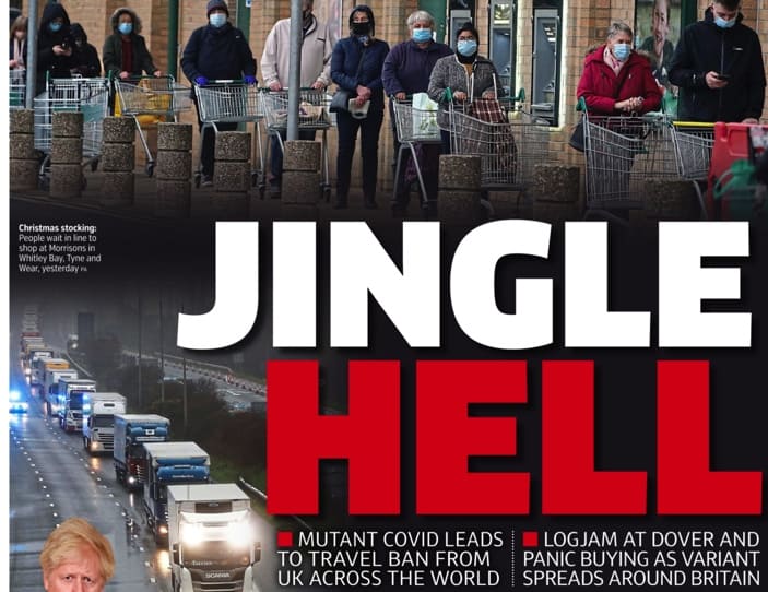 Jingle hell: Papers react as mutant virus spreads, the border is closed and panic buying ensues