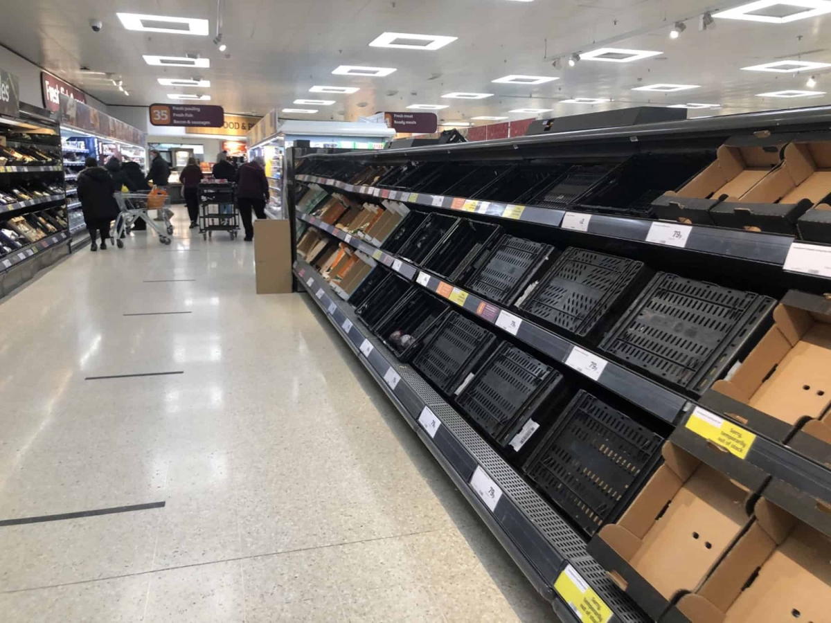 Depleted shelves in Sainsbury's at the Forestside shopping centre in Belfast. Credit;PA
