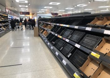Depleted shelves in Sainsbury's at the Forestside shopping centre in Belfast. Credit;PA