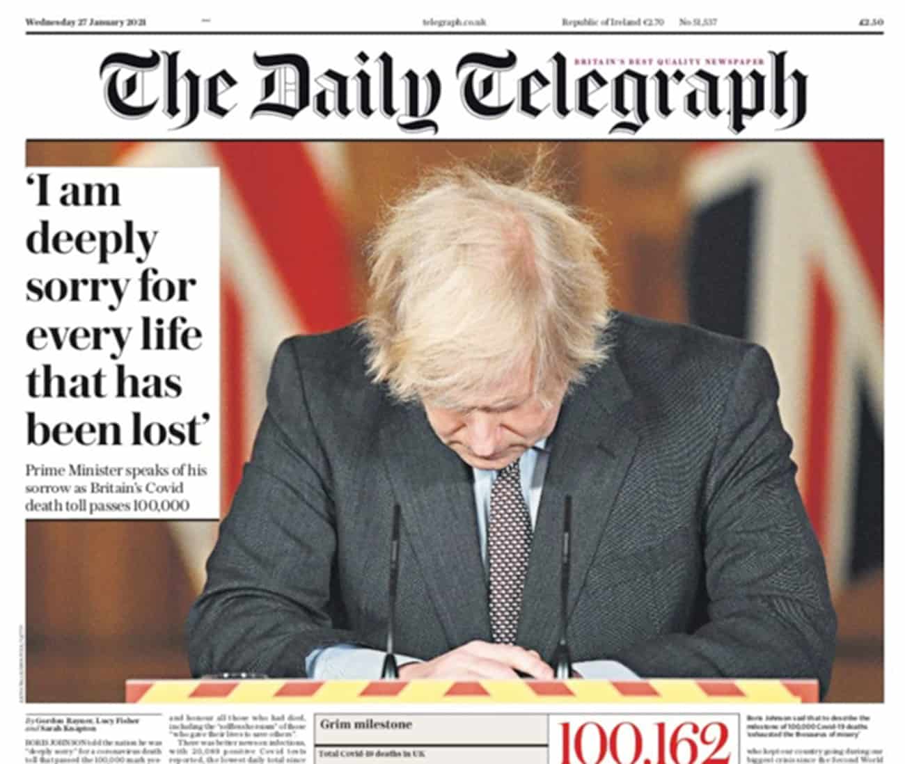 Newspapers react to UK’s darkest day as PM says he is “deeply sorry”
