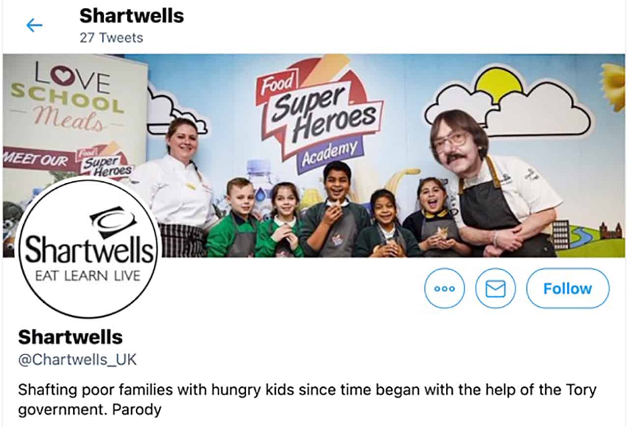 Parody Chartwells Twitter account lampoons government “shafting poor families with hungry kids”