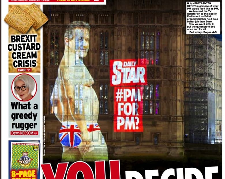 Daily Star beams Piers Morgan in Union Jack pants onto Houses of Parliament in ‘PM for PM’ showdown