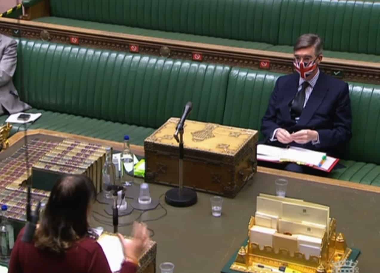 Rees-Mogg wears “cringe” Union Jack face mask in House of Commons
