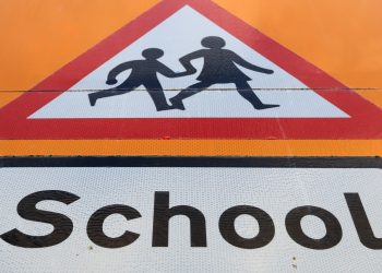 A general view of a school safety zone sign.