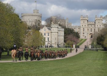 The King's Troop Royal Horse Artillery move up the Long Walk, Windsor Castle, Berkshire, during a rehearsal for the funeral of the Duke of Edinburgh. Picture date: Thursday April 15, 2021.