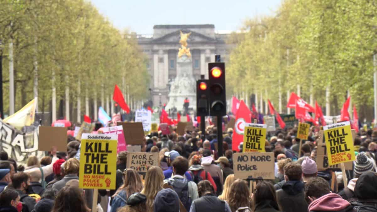 Demonstrators walk down the Mall during a 'Kill The Bill' protest against The Police, Crime, Sentencing and Courts Bill in London. Picture date: Saturday May 1, 2021. Credit;PA