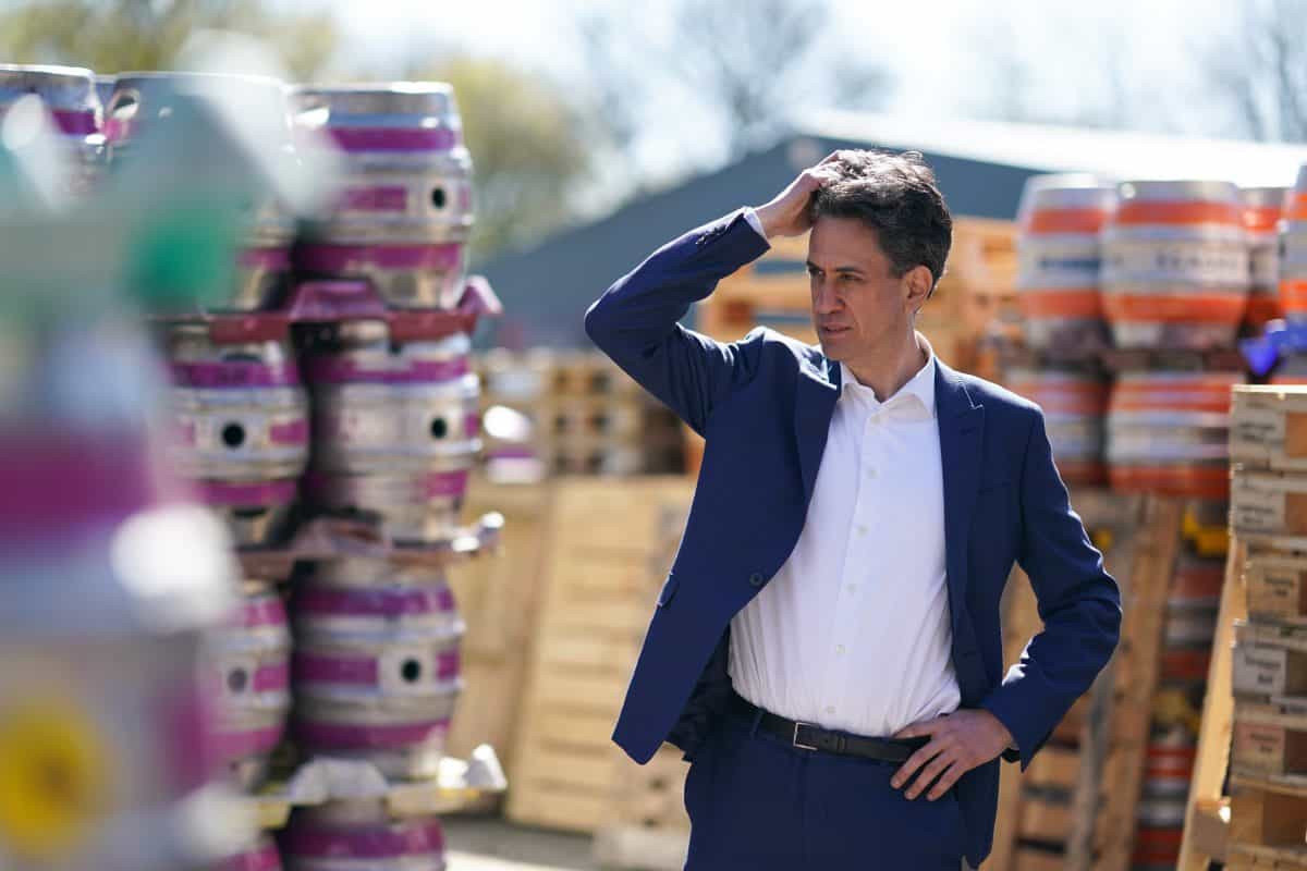 Ed Miliband, Shadow Secretary of State for Business, Energy and Industrial Strategy visits the Ilkley brewery, in Ilkley West Yorkshire, to show support for Tracy Brabin as she campaigns to become the Labour candidate in the West Yorkshire mayoral election. Picture date: Thursday April 22, 2021.