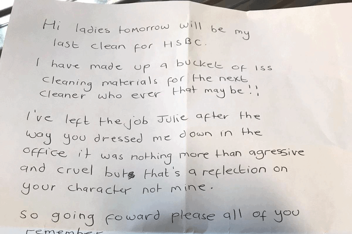 Cleaners note to ‘cruel’ boss goes viral on social media