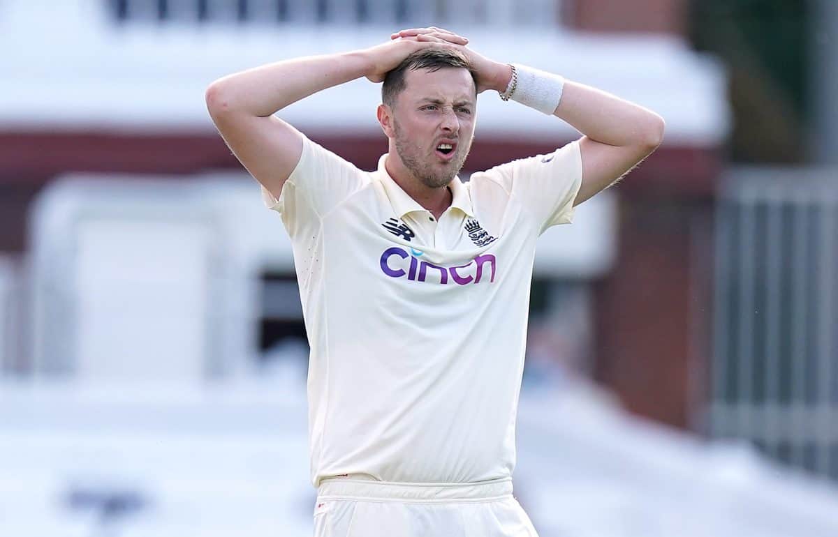 England's Ollie Robinson reacts during day four of the first LV= Insurance Test match at Lord's, London. Picture date: Saturday June 5, 2021.