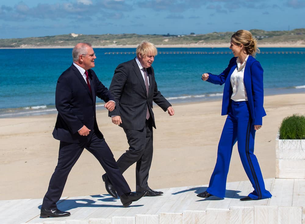 Boris Johnson and his wife Carrie welcome Prime Minister of Australia Scott Morrison to Carbis Bay, Cornwall. 12th June 2021 Credit;PA