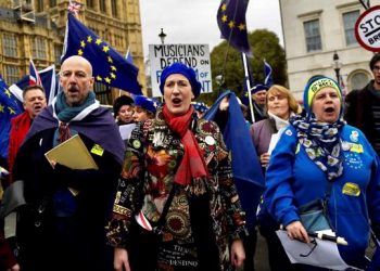 Dame Sarah Connolly at a protest raising awareness about Brexit's impact on musicians