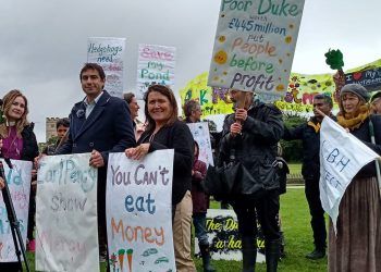 Left to right: Isleworth Councillors Daanish Saeed, Salman Shaheen and Sue Sampson join allotment holders and residents in a protest outside Syon House, the Duke of Northumberland's London residence.