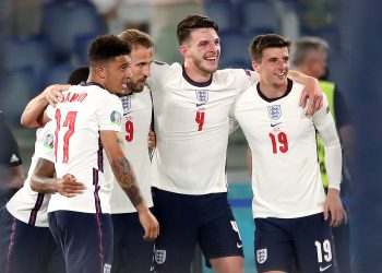 England's Harry Kane (2nd left) celebrates scoring their side's third goal of the game during the UEFA Euro 2020 Quarter Final match at the Stadio Olimpico, Rome. Picture date: Saturday July 3, 2021.