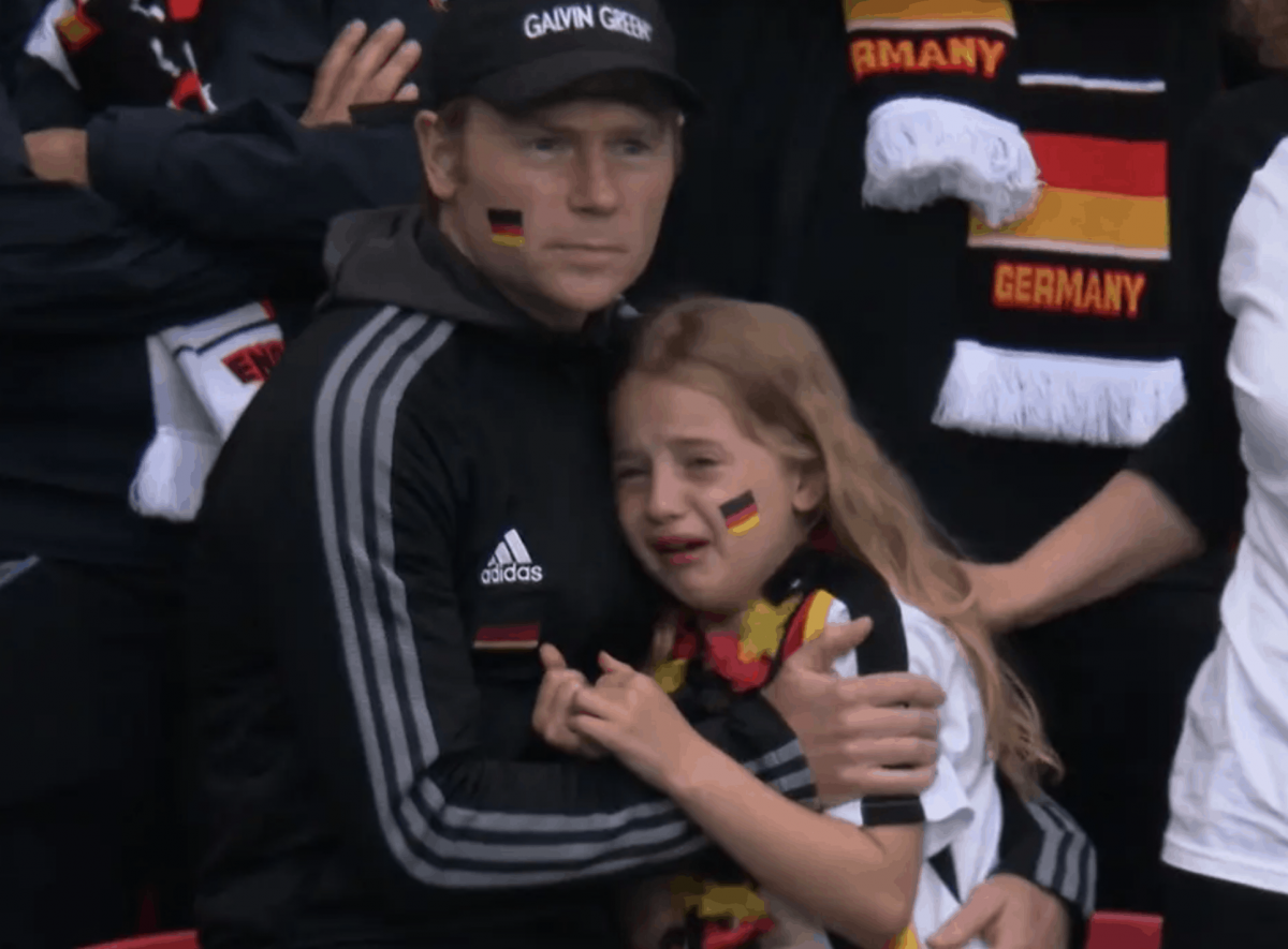 German girl crying after her team lost in a football match against England. Photo: BBC.
