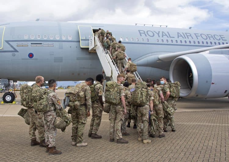 Handout photo 14/08/21 issued by the Ministry of Defence (MoD) of UK military personnel prior to boarding an RAF Voyager aircraft at RAF Brize Norton in Oxfordshire, as part of a 600-strong UK-force sent to assist with the operation to rescue British nationals in Afghanistan. Issue date: Sunday August 15, 2021.