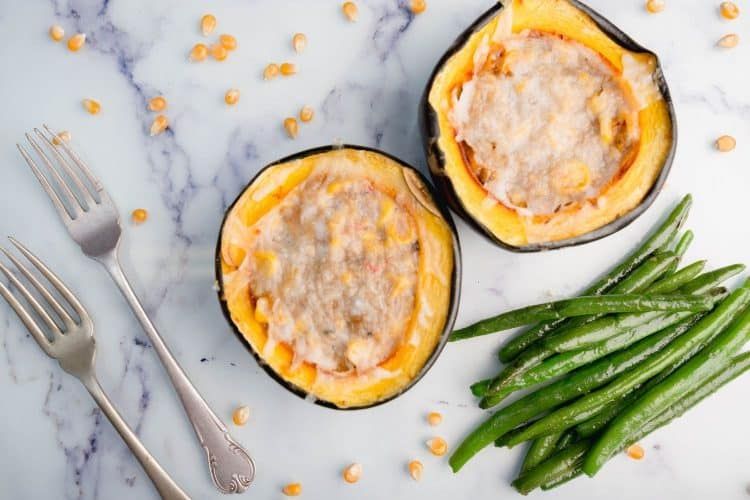 Creamy Corn Stuffed Gem Squash with Green Beans