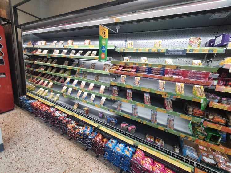 Creative stacking disguises nearly empty shelves at Morrisons in Kirkstall, Leeds, September 10 2021.  Credit;PA