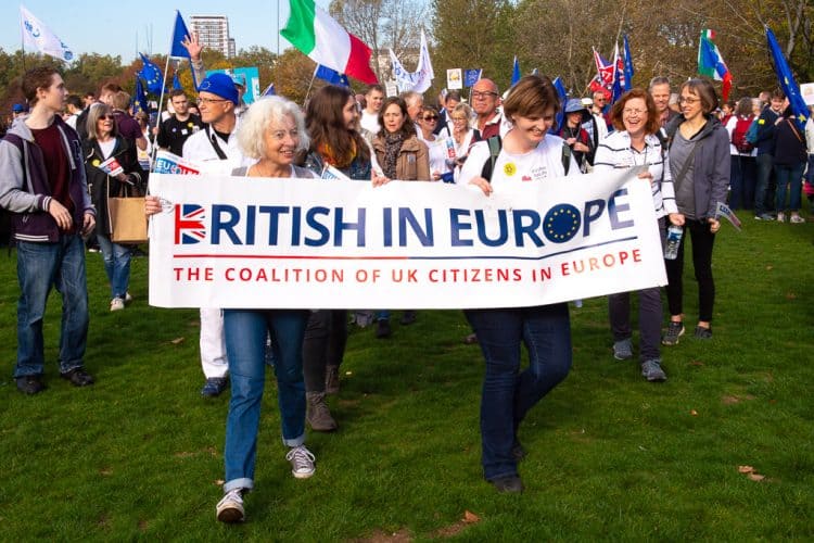Co-chairs Jane Golding and Fiona Godfrey holding up the British in Europe banner at a pro-Europe march