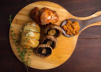 Grilled Portabello Mushroom, Hasselback Potato, Pumpkin Fritters and Chakalaka
