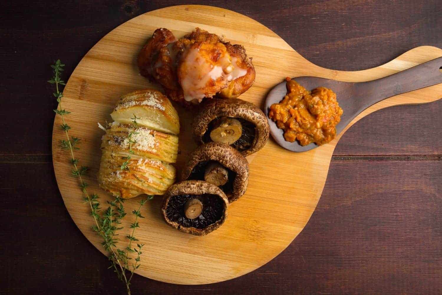 Grilled Portabello Mushroom, Hasselback Potato, Pumpkin Fritters and Chakalaka