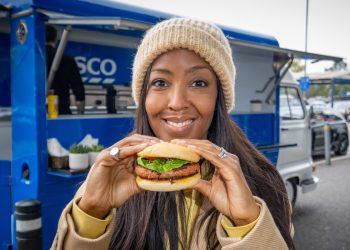 TV presenter Angellica Bell at Tesco in Wimbledon gets members of the public to try burger and then tells them it is meat free.