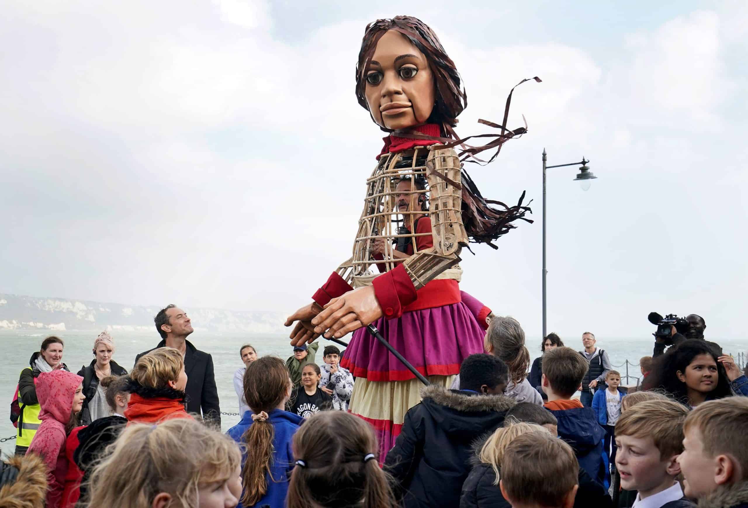 Patel turn it back? Puppet of Syrian child on 5,000-mile journey arrives on Kent coast