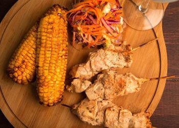 Chicken Kebabs with Grilled Corn and Crunchy Slaw