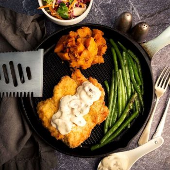 Chicken Schnitzel with Mushroom Sauce, Roasted Butternut and Green Beans