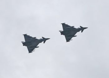 Two RAF Typhoons perform a flypast over The Titanic slipway in Belfast, to thank Second World War Veterans and to mark the 75th anniversary of VE Day. PA Photo. Picture date: Friday May 8, 2020. See PA story MEMORIAL VE. Photo credit should read: Niall Carson/PA Wire