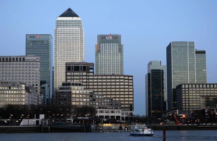 General view of Canary Wharf, east London.