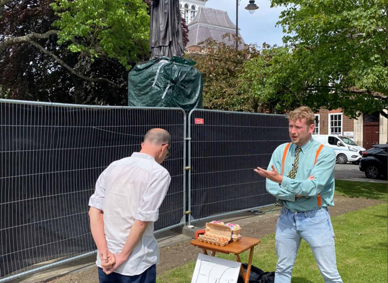 Man spotted selling eggs outside Margaret Thatcher statue
