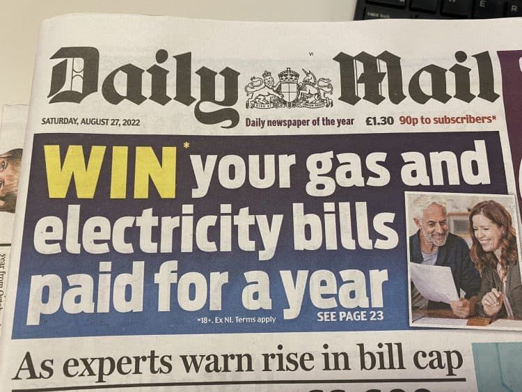 Grim! Daily Mail offers readers chance to 'win energy bill payments'