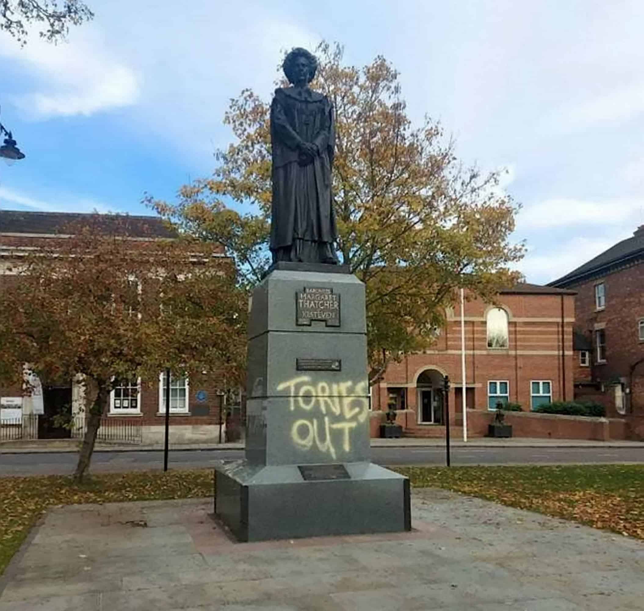 Margaret Thatcher statue vandalised with ‘Tories Out’