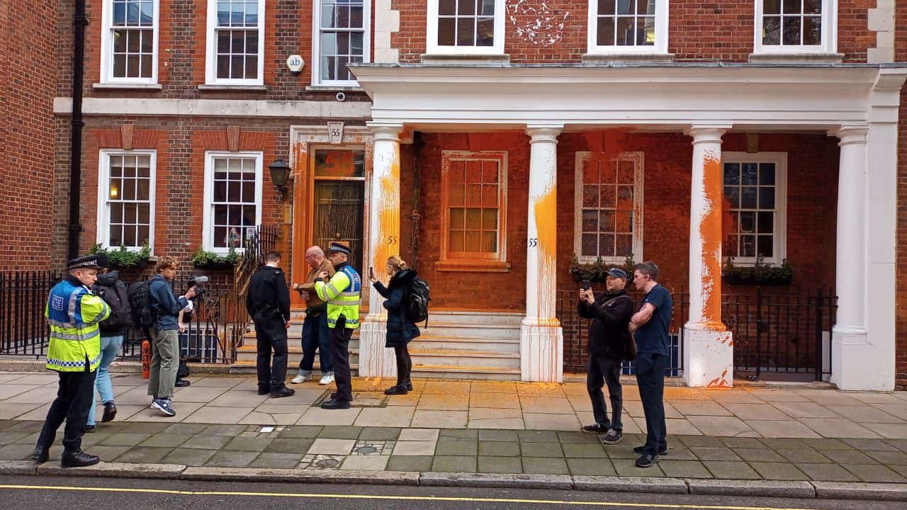 Just Stop Oil protesters spray paint HQ of climate sceptic think tank