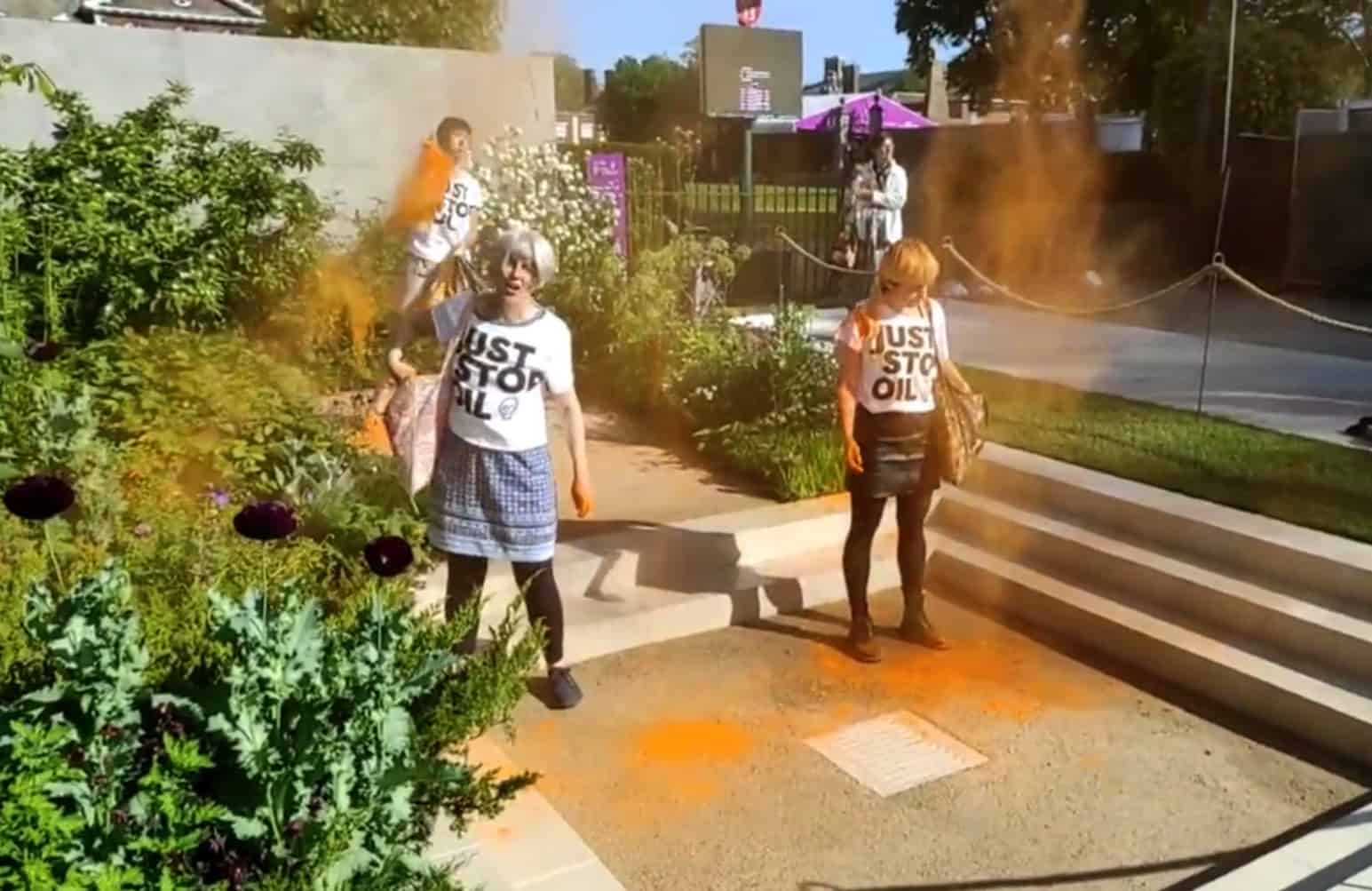 Just Stop Oil protesters spray orange powder over Chelsea Flower Show display