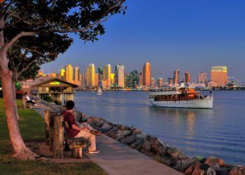 View of San Diego from Harbor Island at twilight