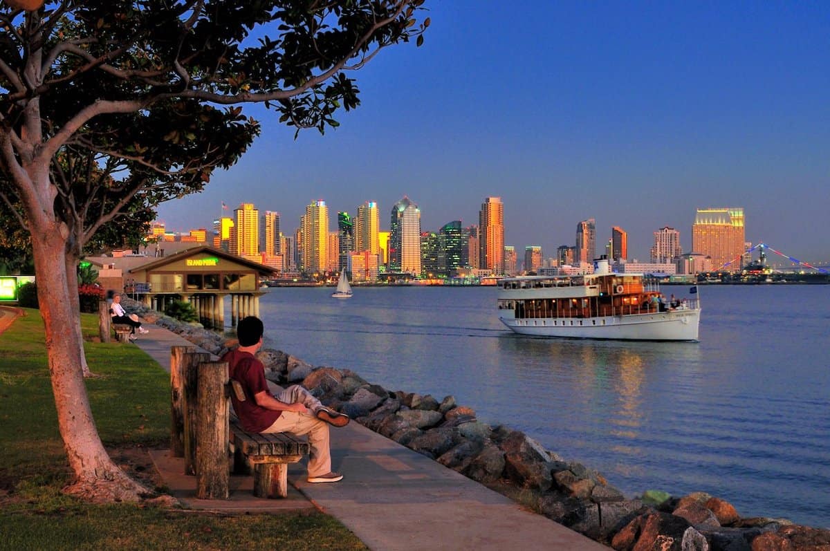 View of San Diego from Harbor Island at twilight