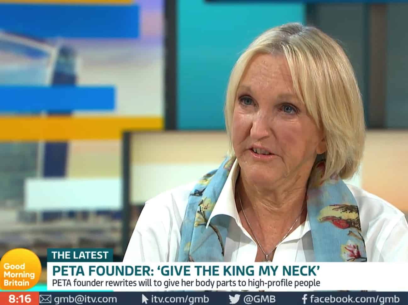 Peta founder requests that a piece of her neck is sent to the King when she dies