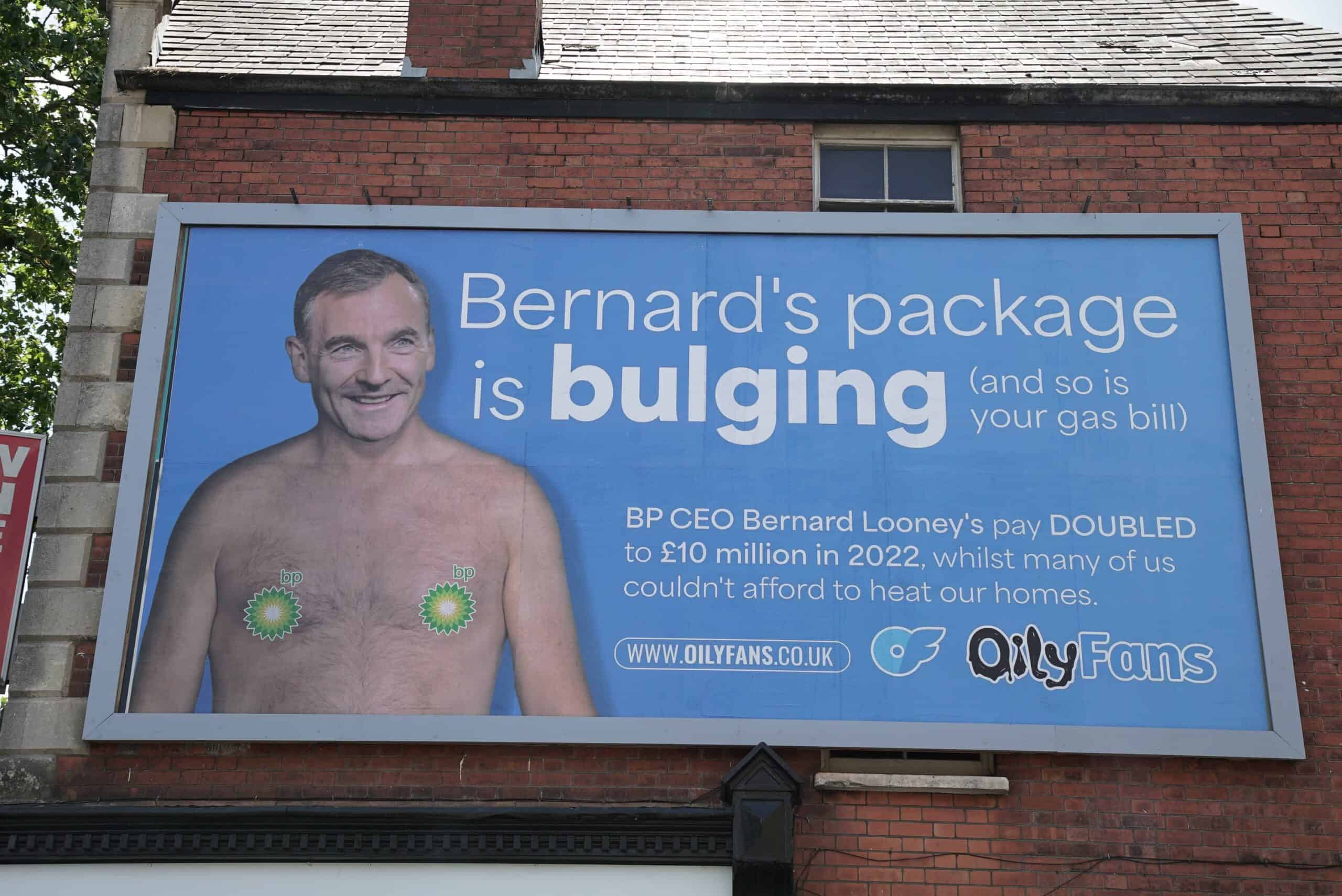 ‘OilyFans’ billboards show BP chief executive topless after earning £10 million