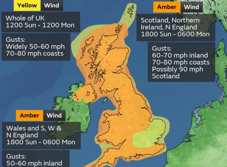 Weather warnings issued for entire UK with 90mph gusts expected on Sunday